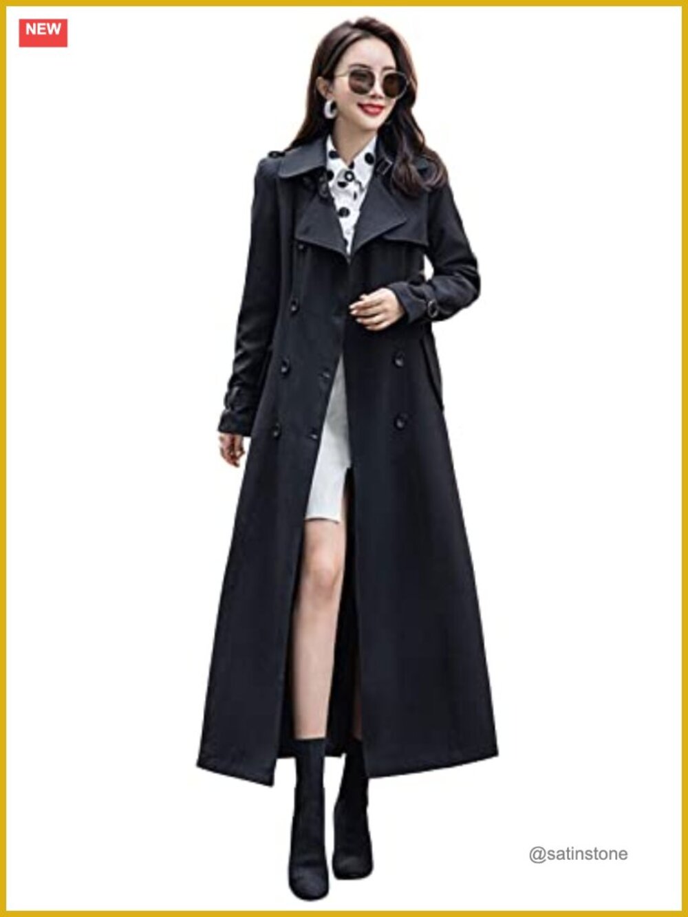 Women's Double Breasted Trench Coat Long Sleeve Slim Overcoat Windproof Maxi